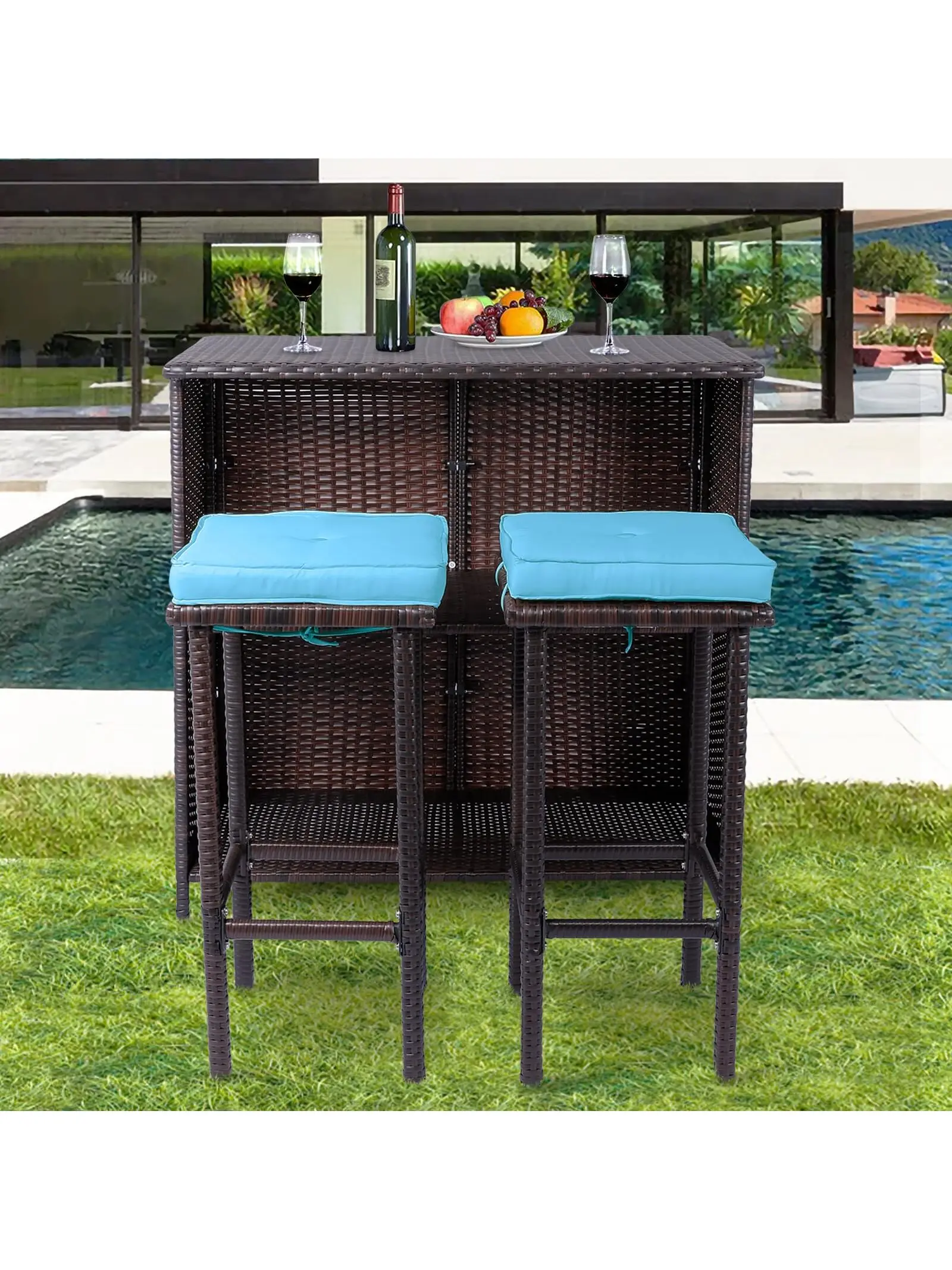 3Piece Outdoor Wicker Bar Set, Patio Rattan Bar Height Table Set with