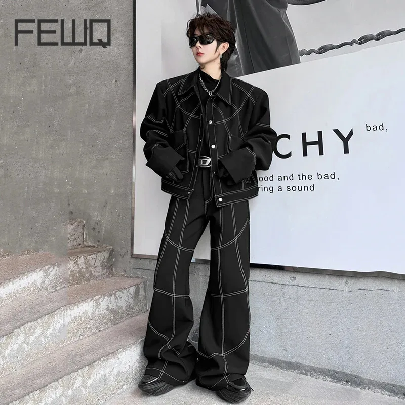 

FEWQ Men's Set Spring Collar Line Large Pocket Design Jacket Casual Pants 2024 Line Decoration Single Breasted Fashion 9C5060