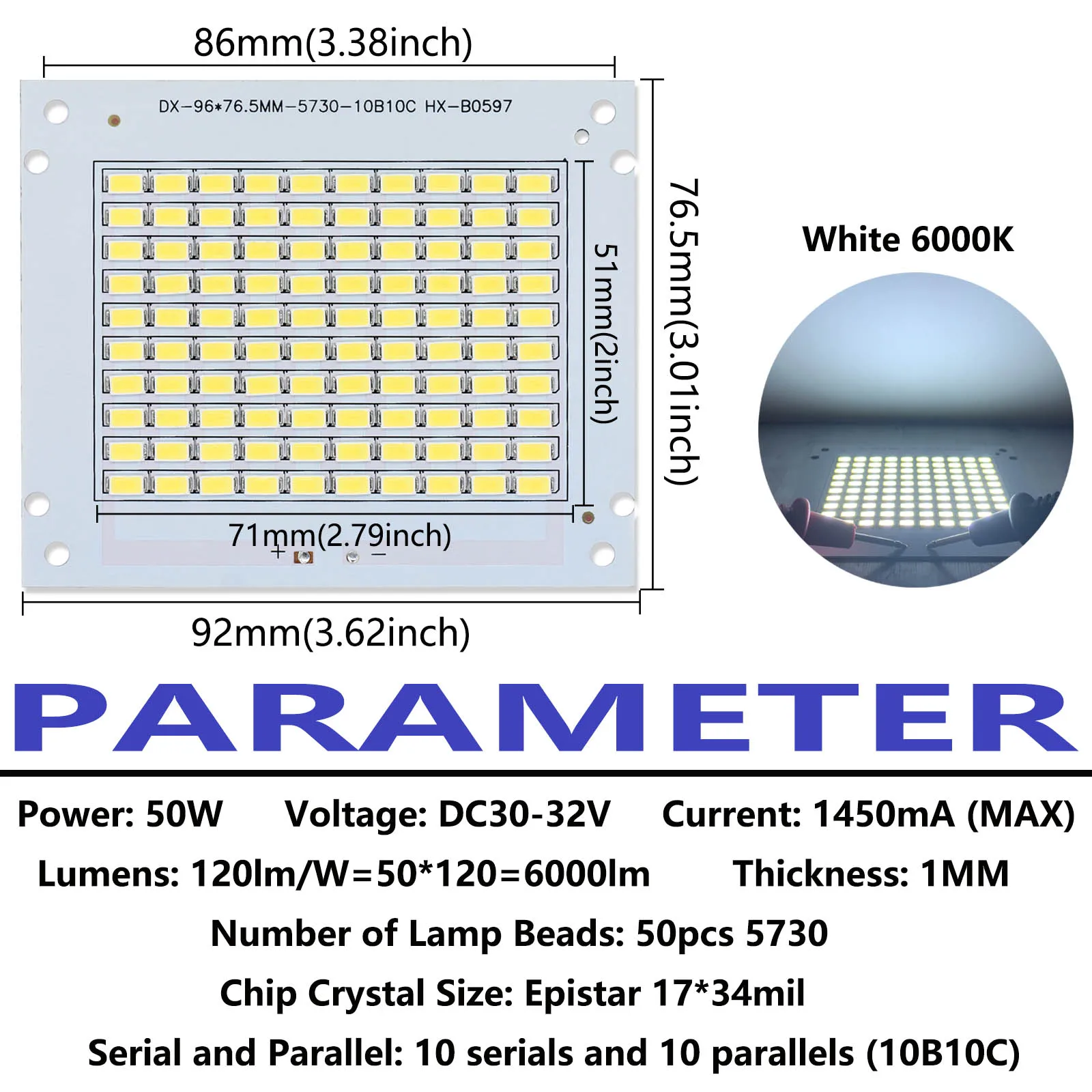 LED 5730 칩 DC30-32V 에피스타 PCB 투광 조명용 COB 다이오드 비즈, DIY 스포트라이트, 야외 조명용, 50W, 1450mA, 6000lm