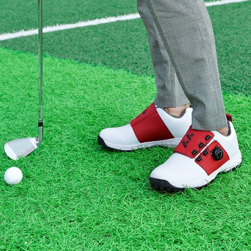 Men Golf Shoes Waterproof Leather Golfer Sports Shoes Knob Quick Lacing Golf Sneakers Women Comfortable Walking Golfing Footwear