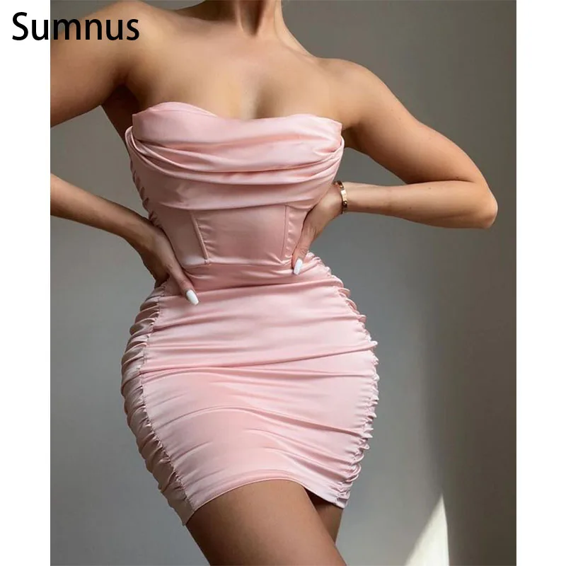 Sumnus 2022 ярко-розовые короткие атласные вечерние мини-платья без бретелек |