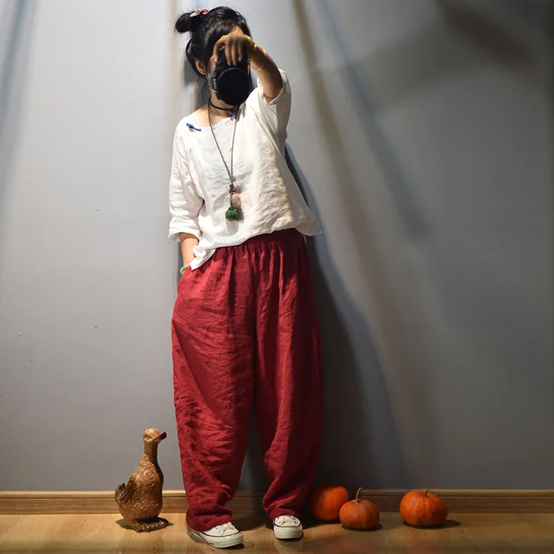 Full Length Retro Elastic Waist Cotton Linen Wide Leg Pants 2022 Spring New Loose Vintage All-match Women Pants RV713 cargo capris