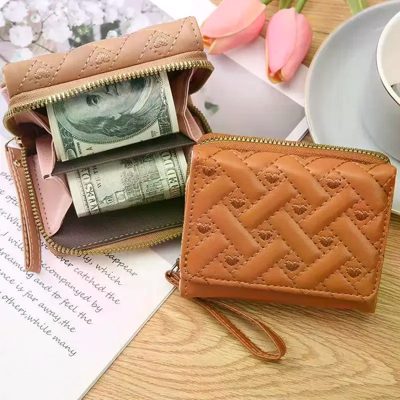Women's Wallet Tri Fold Card Bag PU Multi Objects Pocket Short Fashion Embroidered Love Pattern Korean Minimalist