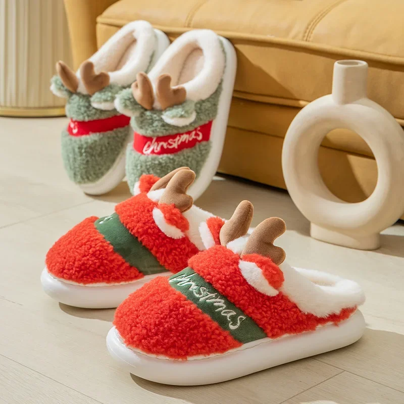 

Thick Sole Christmas Deer Slippers Women Indoor Warm Slipper Soft Plush Home Floor Lovers Winter Platform Shoes