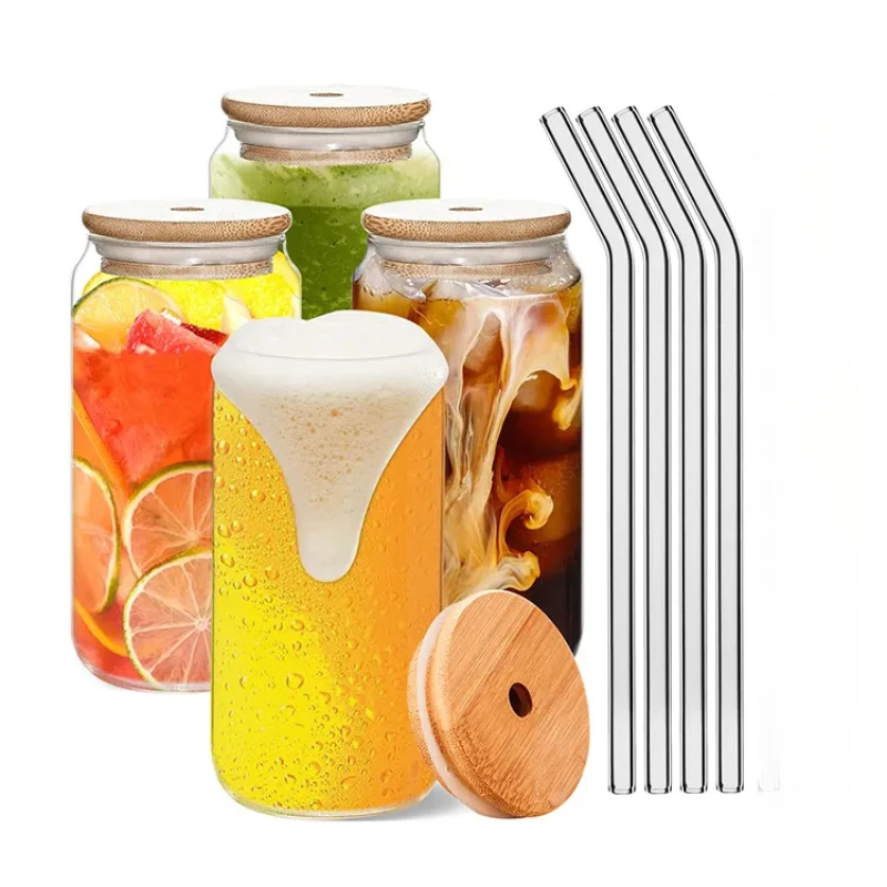 1/4pcs Set Glass Cup With Lid and Straw Juice Glass Beer Can Milk Mocha Cup Transparent Bubble Tea High Borosilicate