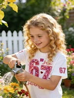 T-shirt pour filles, exclusif Saint-Valentin, avec paillettes, numéro 67, imprimé 3D créatif, t-shirt d'été à col rond pour enfants, vêtements d'extérieur 2