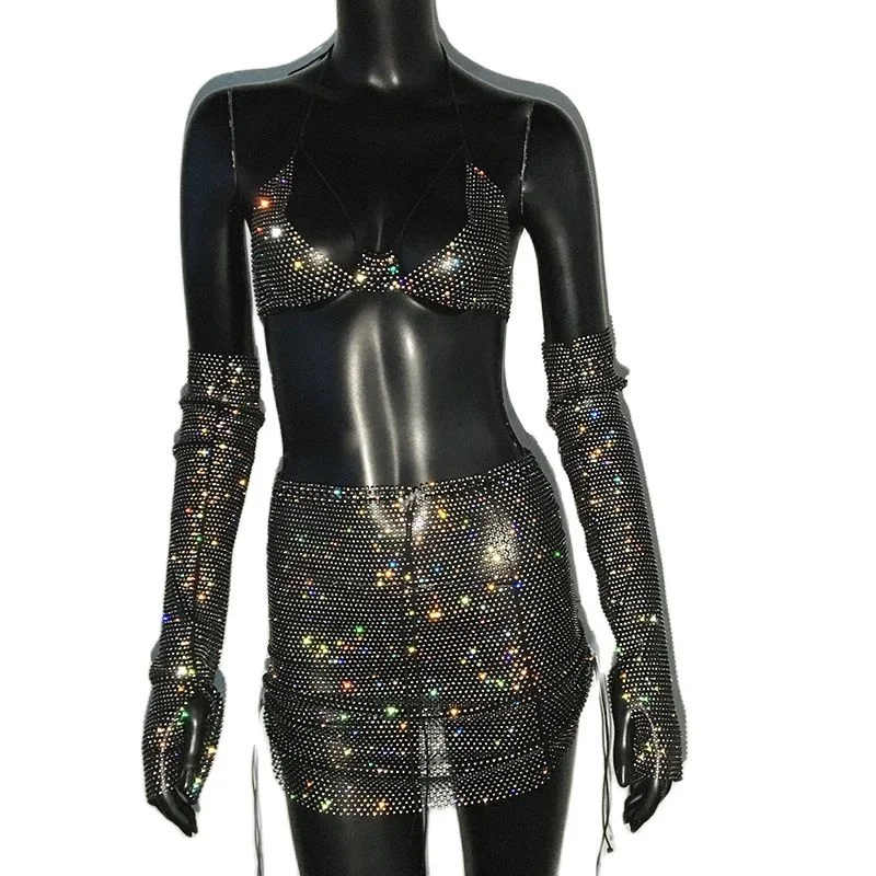 Glitter Rhinestone 3 PCS Set Women See Through Backless Crop Top With Party Mini Skirt And Shiny Sleeve Rave Festival Outfits 5