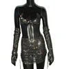 Glitter Rhinestone 3 PCS Set Women See Through Backless Crop Top With Party Mini Skirt And Shiny Sleeve Rave Festival Outfits 5