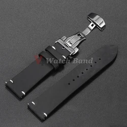 Elegant Cowhide Leather Watch Band with Butterfly Buckle - 22mm (Black)