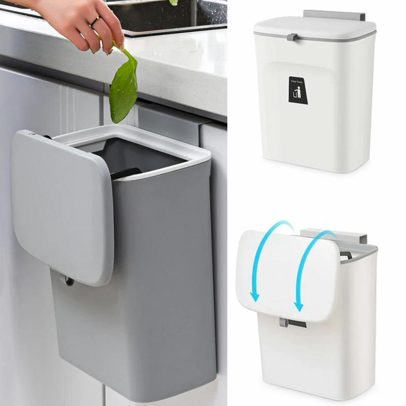 2 in 1 Kitchen Trash Can with Slide Lid, Under Sink Garbage Can, 2.4 Gal Waste Bins with Inner Barrel, Portable Hang Trash Bin for Cabinet Door