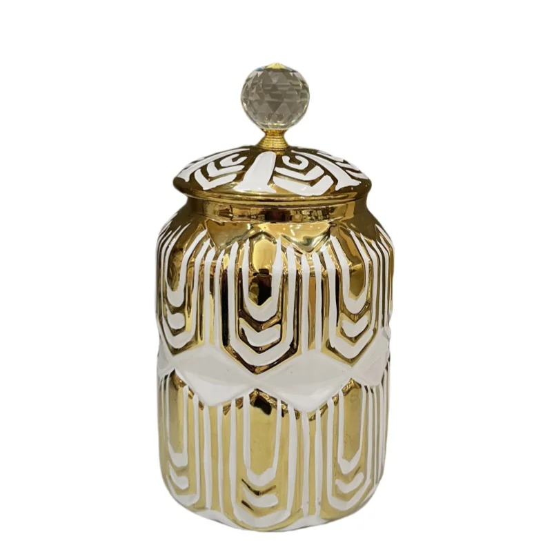 Ceramic Checkmate Jar Storage Jar Gold Stripe Storage Tank Flower Vase Airtight Tank Home Decoration Accessories 5