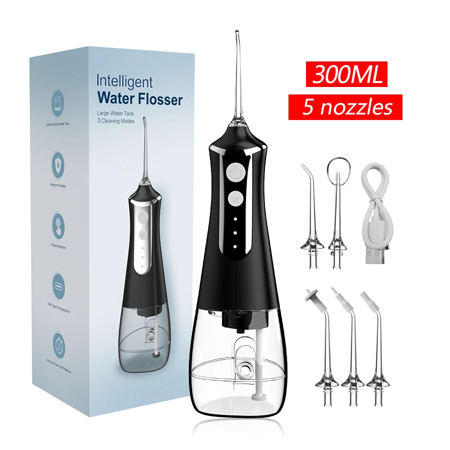 Dental Oral Irrigator Water Flosser Thread Teeth Pick Mouth Washing Machine 5 Nozzels 3 Modes USB Rechargeable 300ml Tank dental oral irrigator,dental water flosser,water dental flosser