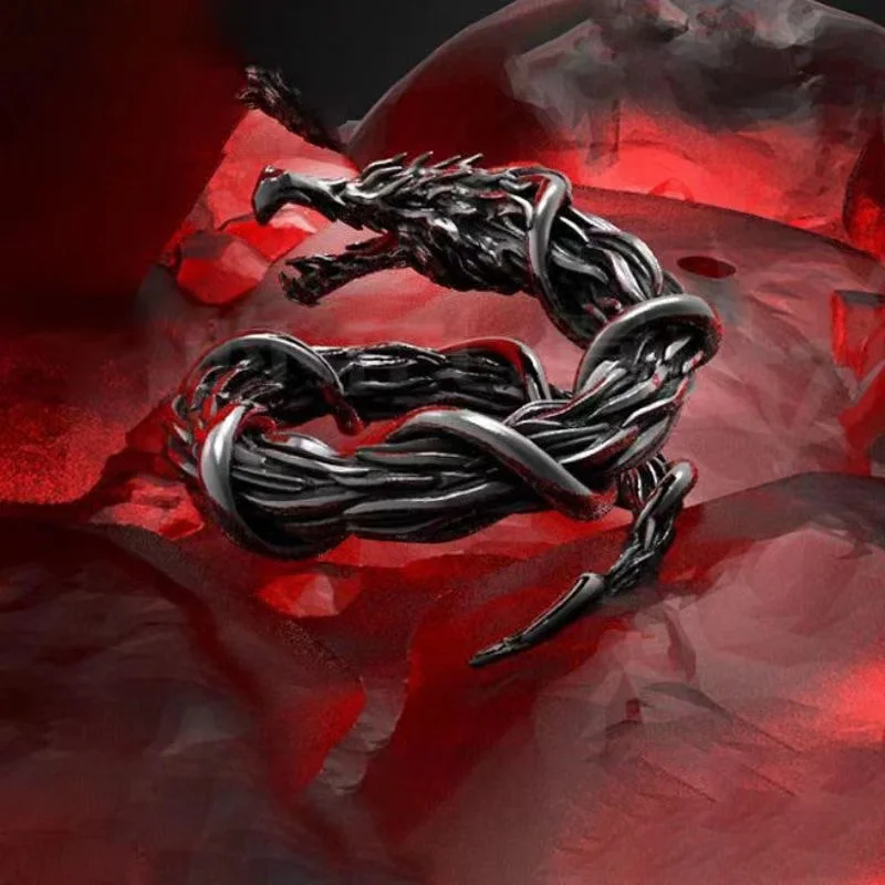 

Exquisite Black Dragon Winding Open Adjustable Ring Men's Trendy Jewelry Accessories Halloween Gift