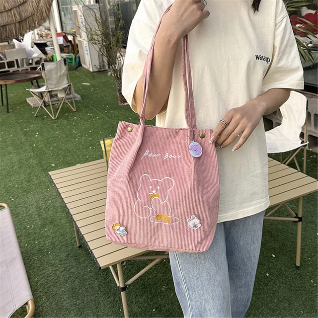 Cartoon Embroidered Bear Shoulder Bag Foldable Corduroy Handbag For Women Large Capacity Tote Bags Eco Friendly Shopping Bag 5