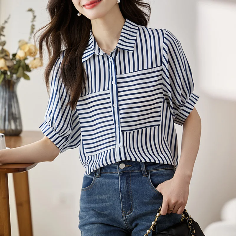 2024 Summer Korean Style Retro Hippie Fashion Women's Clothes Loose Casual Striped Knitting V Neck Short Sleeve Y2K Top Shirt