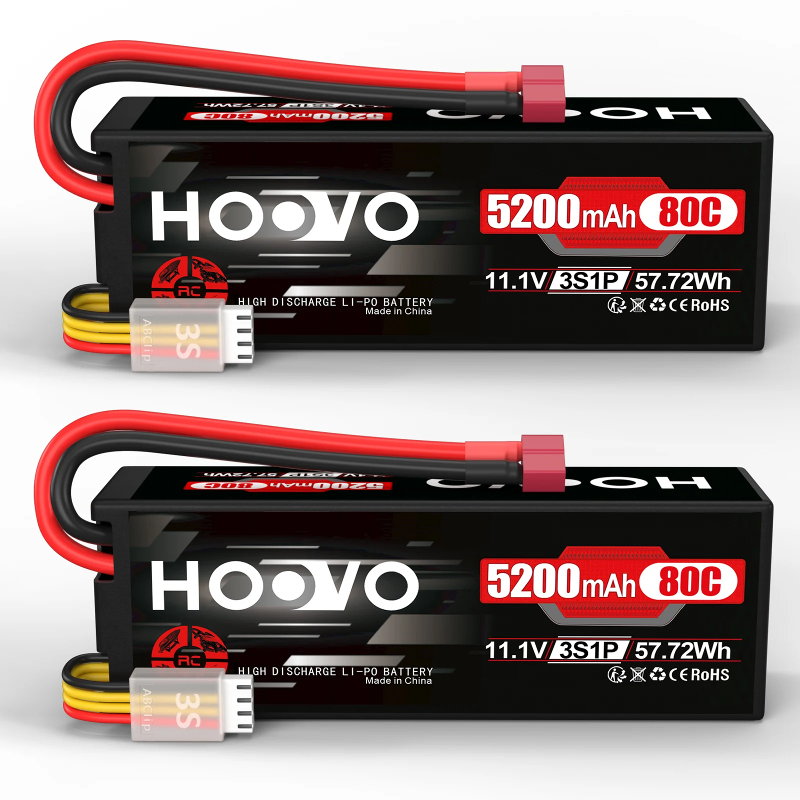 HOOVO 5200 mAh Lipo Battery 3S 11.1 V 80C Hard Case RC Lipo Battery with T Plug RC Battery for RC Car Heli Plane Boat 2Pcs