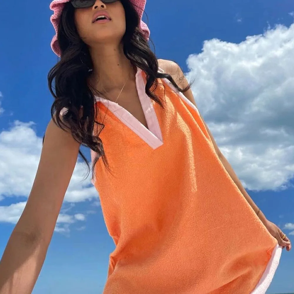 

2022 Summer Elegant A Line Mini Dress Contrast Color Shirt Collar Sleeveless Women's Dress Fashion Stitching V-Neck Dresses