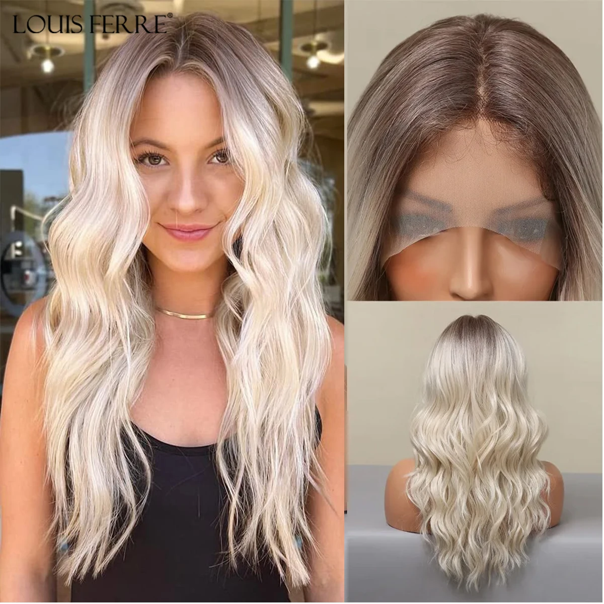 LOUIS FERRE 13*1 T Part Lace Front Wig for White Women Long Blonde Body Wavy Synthetic Wigs Ombre Platinum Natural hairline Hair