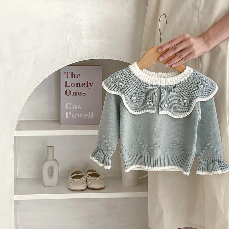 

MILANCEL 2023 Autumn Ins Style Long Sleeve Cardigan For Baby Girls Ruffle Collar Knit Sweater