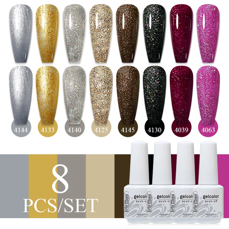 Arte Clavo Vernis 반영구 UV 젤 네일 광택제, UV 젤 바니시 래커, 네일 아트 화이트 유리병, 세트당 8ml, 8 개