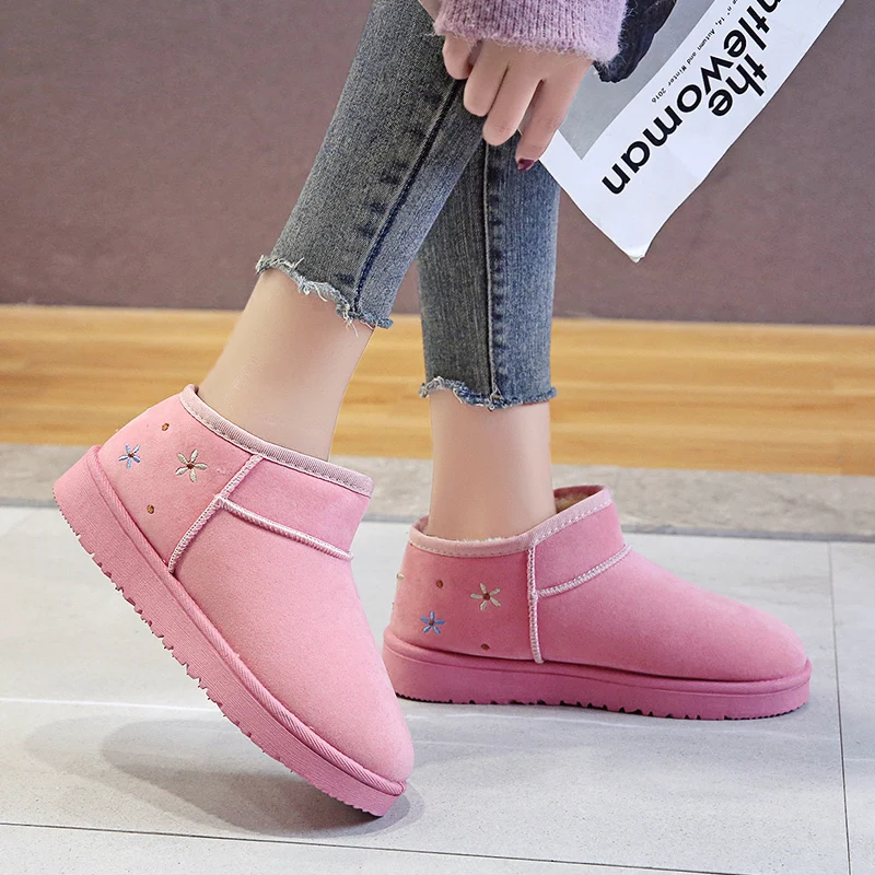 Shoes for Women 2023 Hot Sale Winter Plush Warm Slip on Mid-Calf Women's Boots Solid Color Round Toe Flock Low-heeled Snow Boots