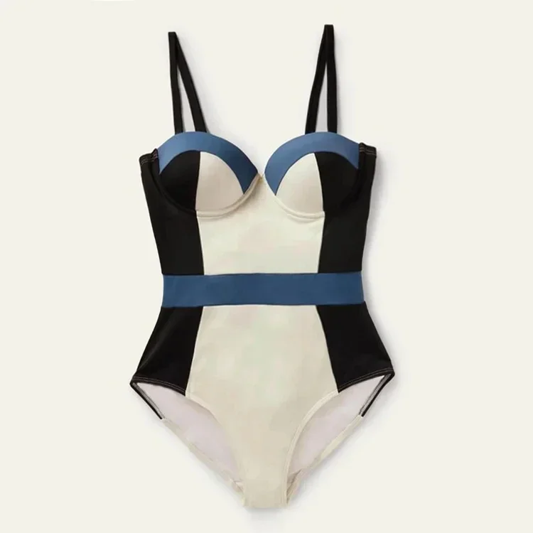 FLAXMAKER Color Block One Piece  Swimwear Women  Vacation Beachwear Luxury Bathing Suit Sexy Bikini