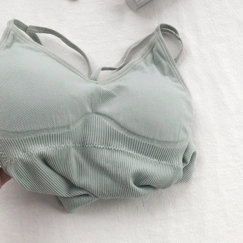 5pcs 여성 섹시한 넥 Strappy 스포츠 브래지어 솔리드 컬러 무선 요가 운동 캐미솔 Bralette 패딩 늑골이있는 속옷