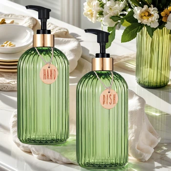 เครื่องจ่ายสบู่เหลวในครัวสีเขียวเหมาะสําหรับบ้านใหม่ขวดสบู่มือและจานพลาสติกพร้อมแท็กไม้สิ่งจําเป็นในครัว 1