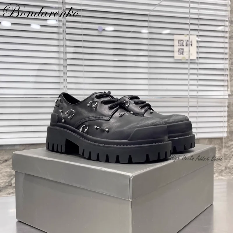 

Women Black Real Leather Derby Shoes Thick Sole Studded Round Toe Lace up Top Quality Loafer Luxury Designer Causal Office Shoe