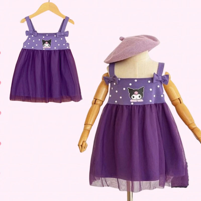 

2024 Sanrio Kawaii Anime Kuromi Children Dress Summer Sweet Cute Babys Korean Polka Dot Sweet Mesh Halter Skirt Girls Kid Gift
