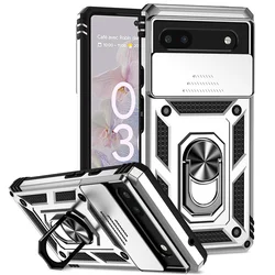 Magnetic Ring Holder Shockproof Armor Phone Case with Slide Camera Protector for Pixel 6 (Silver)