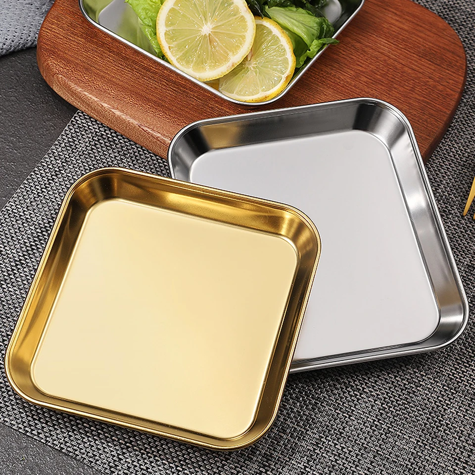 304 Stainless Steel Square Plate Golden Thick Skewers Dish Plate Restaurant Commercial Flat-bottom Korean Barbecue Tableware dining dish