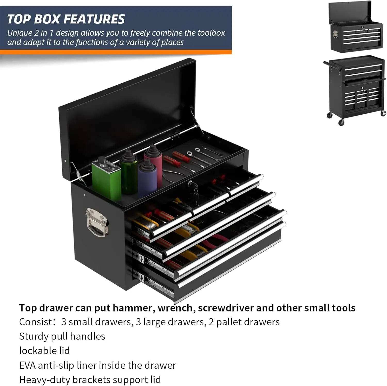 High Capacity Rolling Tool Box, Removable Cabinet Storage Tool Chest with Wheels and Drawers, Detachable Toolbox with Lock for 4