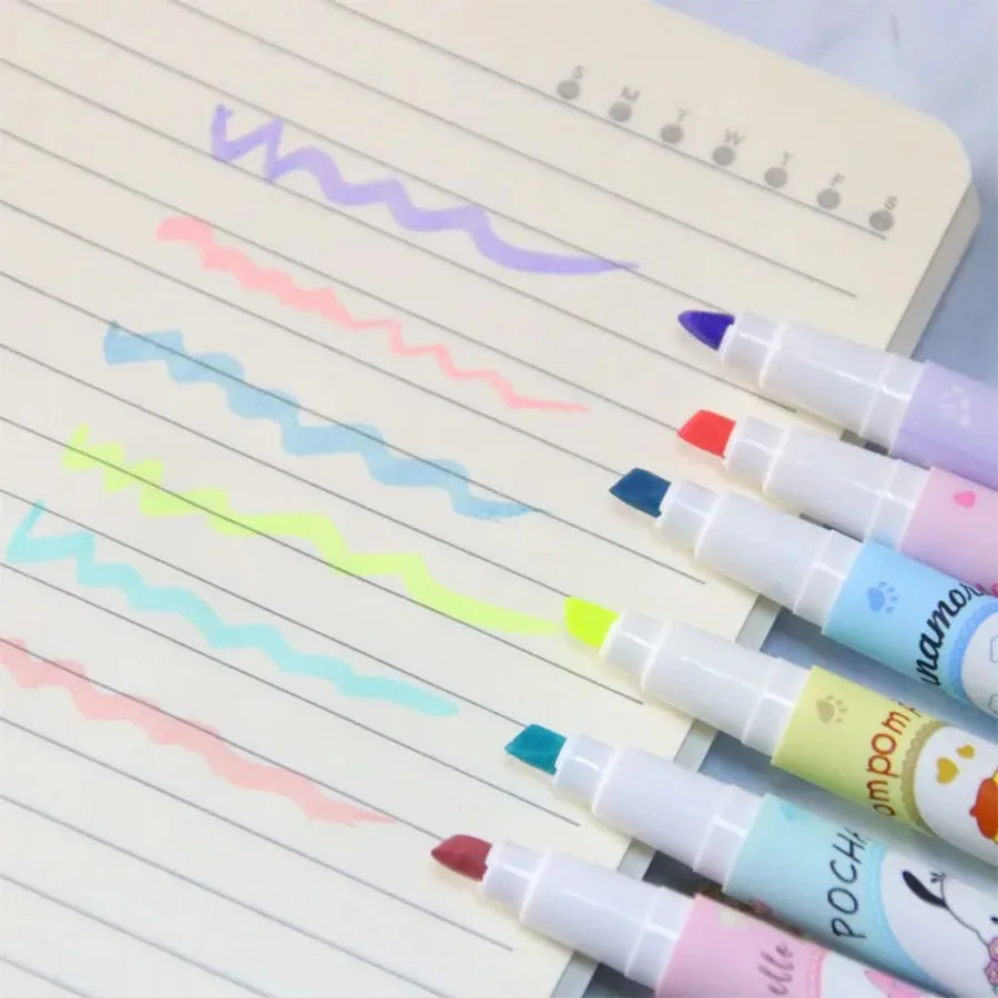 Highlighter Pen 6Pcs Sanrio Hello Kitty Cinnamoroll Set Kawaii Kuromi Melody Art Fluorescent Markers Pens Girls Gifts