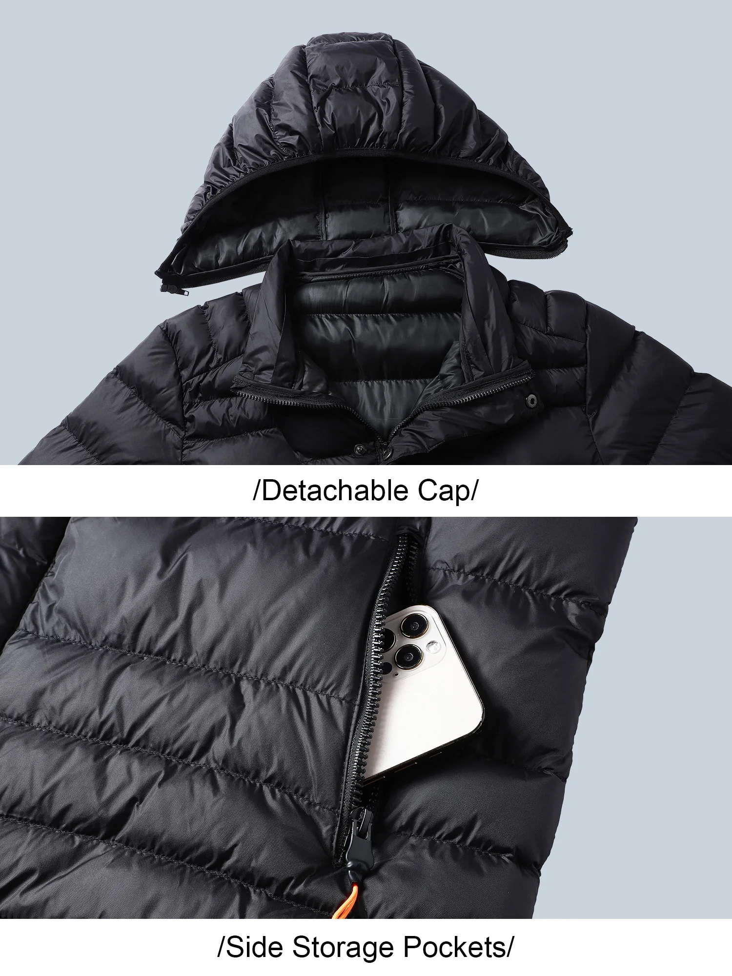 Casual Hooded Down Windproof Coat Men's Jacket Detachable Hat Top Lightweight Clothing For Warmth