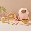 Baby Wooden Tableware Feeding Set Bamboo Dinosaur Plate Bowl Silicone Wooden Handle Frok Spoon Baby Dinnerware Feeding Supplies 1