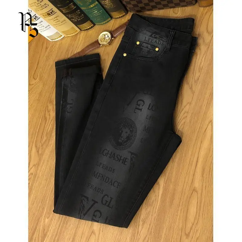 Spring and Autumn Korean Slim Jeans for Men 2025 High-end Luxury Clothing Black Printing Mid-waist Stretch Casual Pencil Pants 4