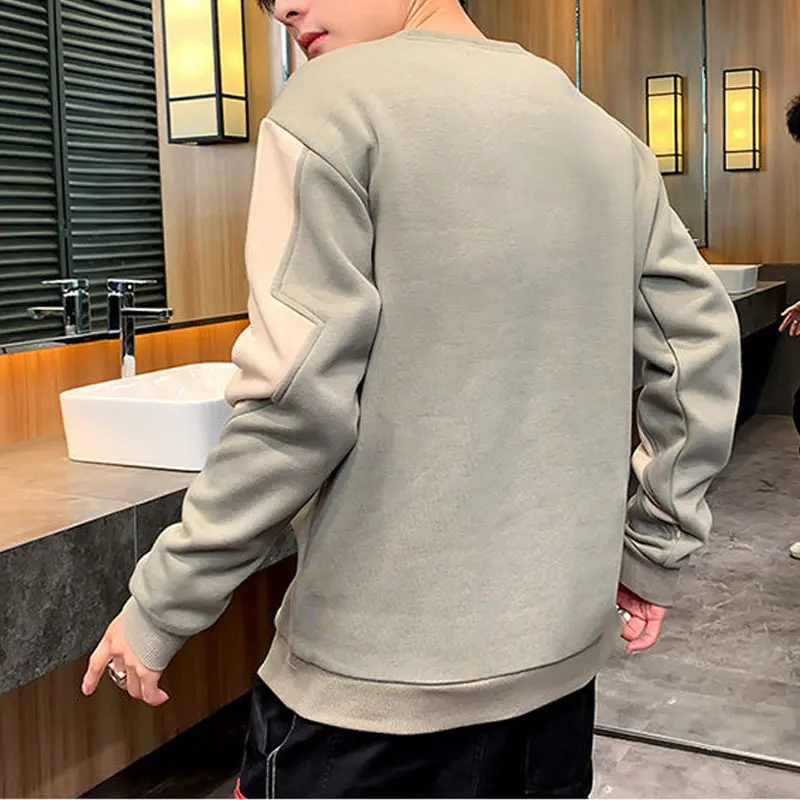 Men's Clothing Stylish Letter Embroidery Pullovers Spring Autumn Round Neck Korean Loose Spliced Long Sleeve Basic Sweatshirts