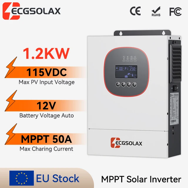 ECGSOLAX Onduleur Solaire Hybride 1.2KW 12V 220V avec Contrôleur de Charge MPPT 50A 80A Tension d'Entrée Maximale PV 115VDC 1