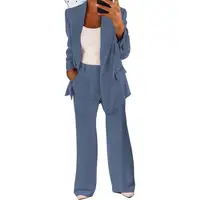 Women’s Sets Two 2 Pieces Sale Casual Pocket Single Button Blazer Jackets& High Elastic Waist OL Workwear Wide Leg Pant Suits