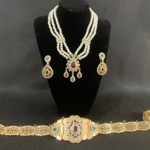 Conjunto de adornos árabes para boda, joyería de diamantes de imitación verde a la moda, pendientes de perlas para mujer marroquí, collar de perlas, cadena de cintura,