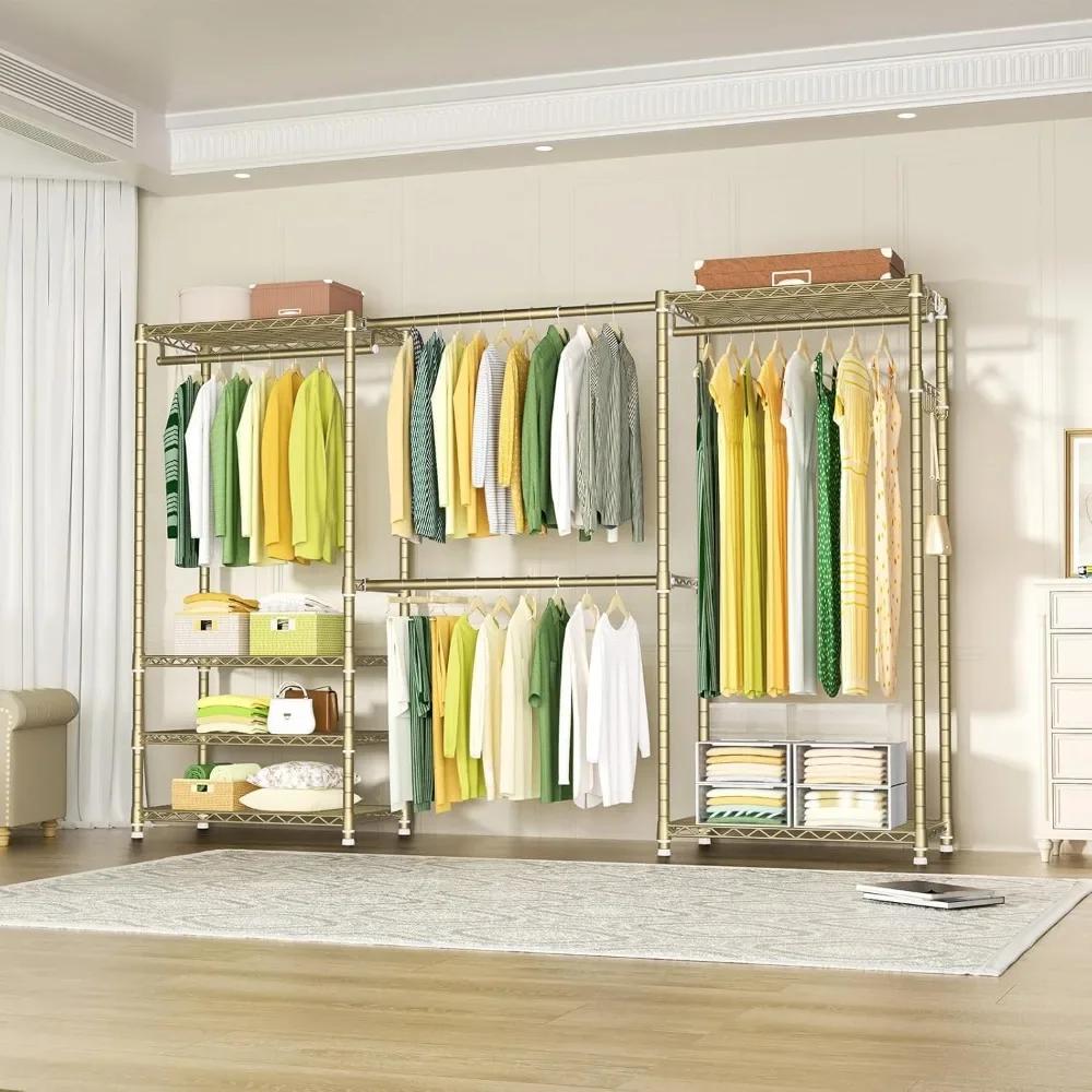 New2025-E1 Heavy Duty Closet Garment Rack, 6 Tiers Adjustable Metal Freestanding Expandable Clothing Storage with 4 Hanger Rods,