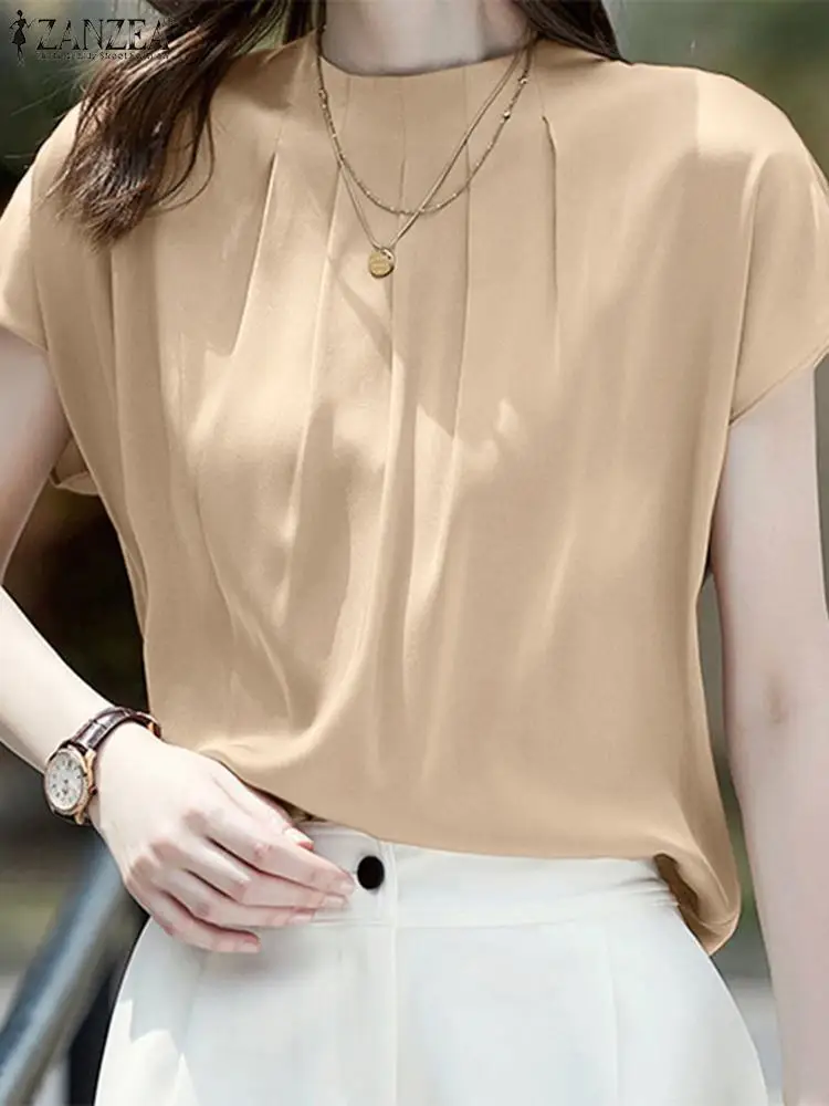 

Блузка ZANZEA Женская Плиссированная, элегантная Однотонная рубашка в офисном стиле, универсальный модный топ с коротким рукавом и круглым вырезом, на лето