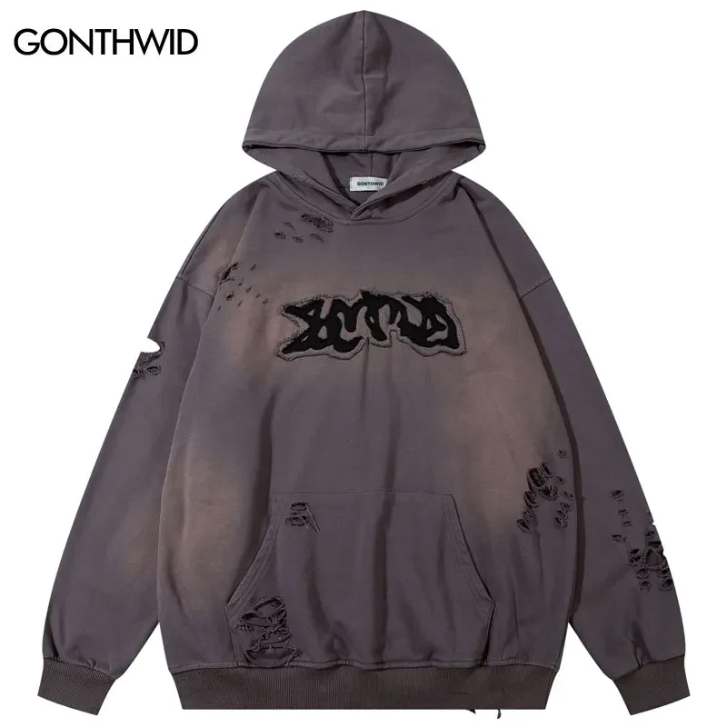 

Vintage Brown Ripped Hoodie Y2K Men Hip Hop Embroidery Letter Patch Distressed Hole Washed Hooded Sweatshirt Punk Pullover