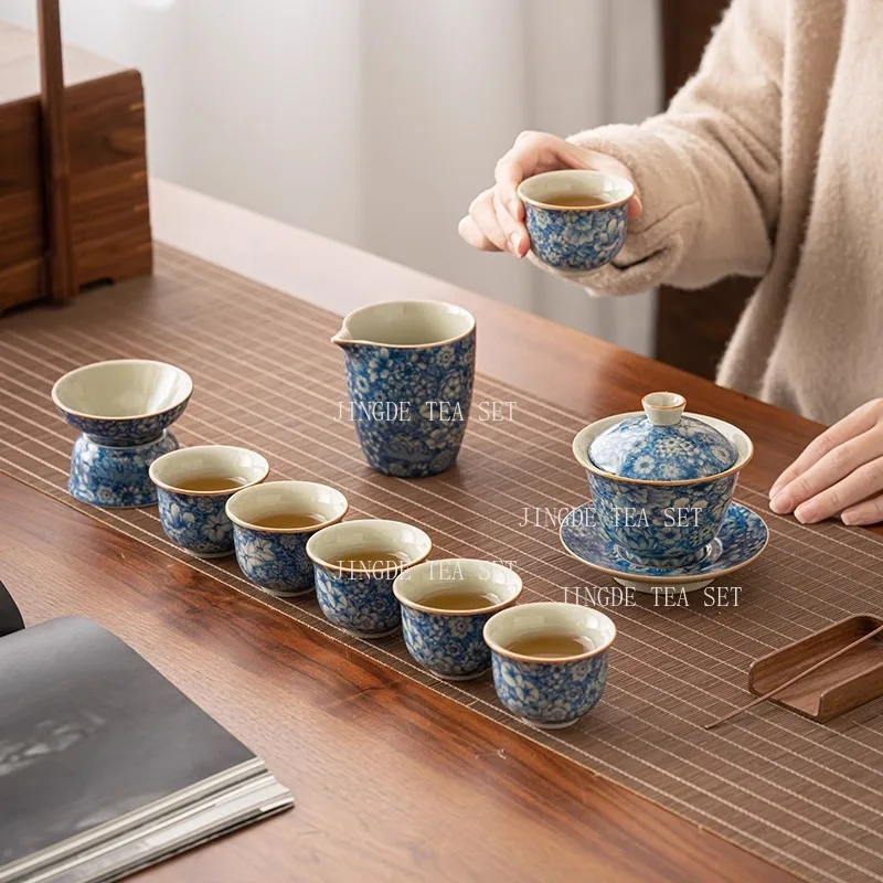 Blue and White Porcelain Kung Fu Teaset Household Tea Maker High End Chinese Style Tea Cup Lid Chinese Three Talent Tea Bowl
