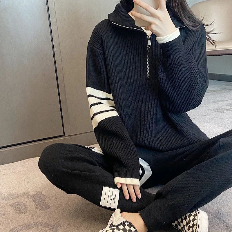 

TB Chunky Sweater Women's Autumn and Winter Four-bar Preppy Loose Casual Versatile Long-sleeved Pullover Turtleneck Sweater