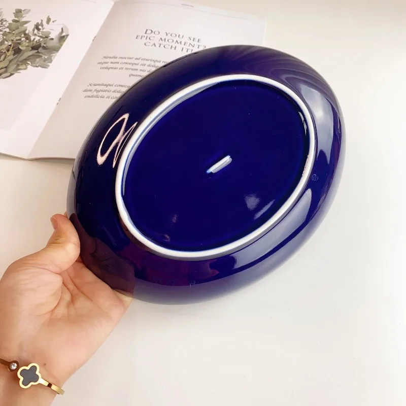 Ins Jiwu Blue Irregular Light Food Bowl Salad Bowl Korean Sapphire Blue Oval Fish Plate Deep Plate Ceramic Soup