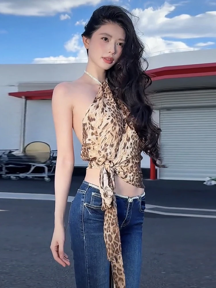 Nibber Wild Sexy Halter Tank Tops Women Backless Leopard Lace-Up Hottie Skinny Stretch Street Music Festival Midnight Clubwear