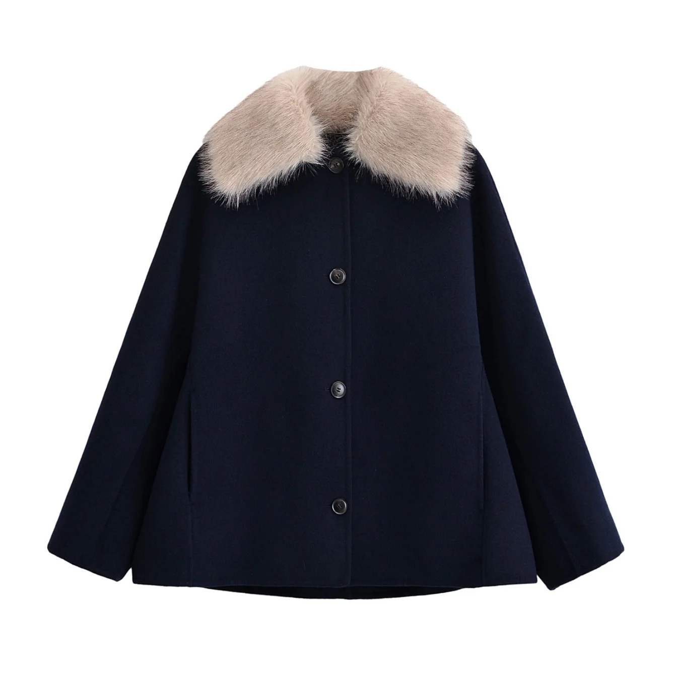 Women's Solid Color Long Sleeve Removable Faux Fur Collar Wool Coat 2025 Autumn winter Casual Fashion Loose jackets streetwear