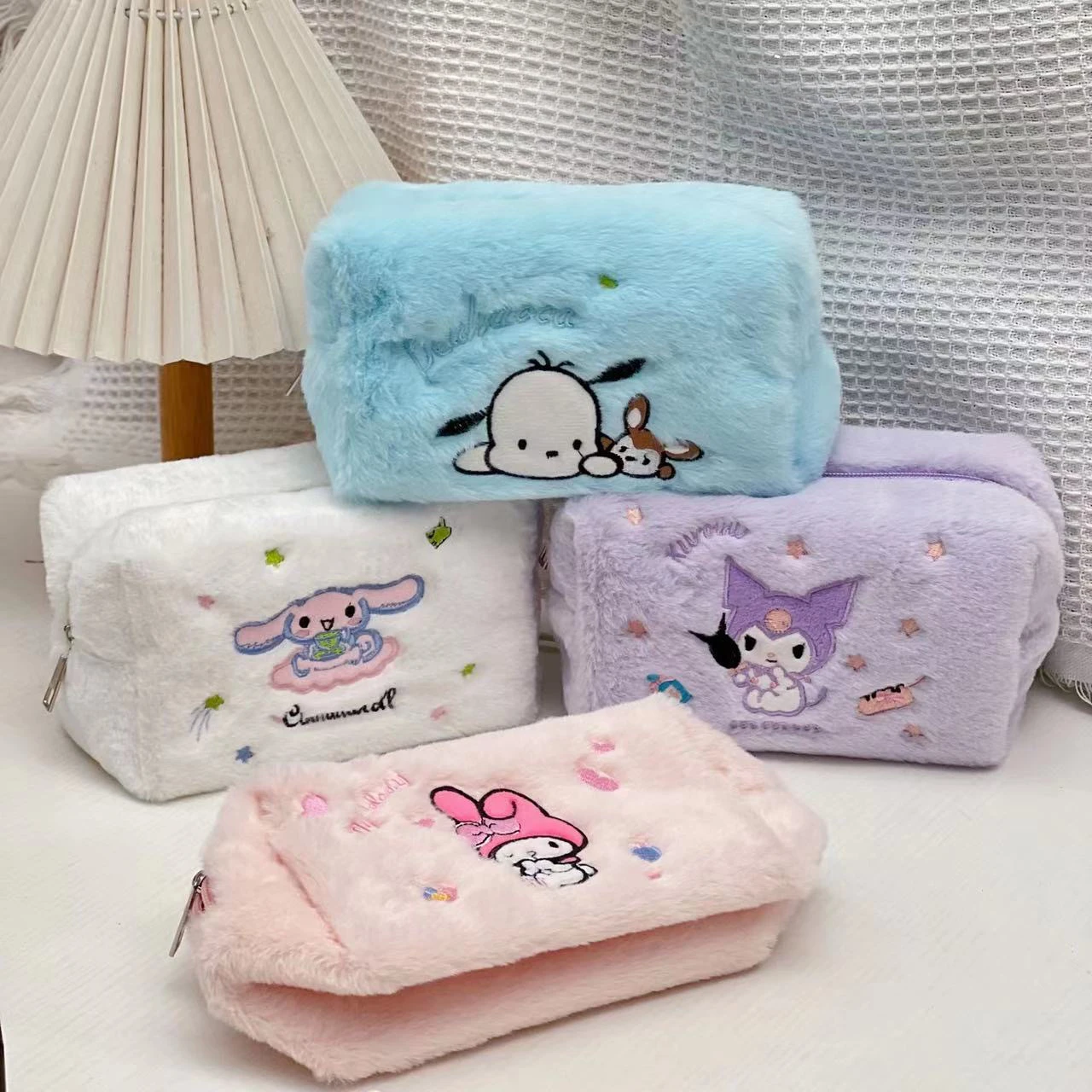 Kawaii Sanrio Plush Cosmetic Bag  Cinnamoroll Kuromi My Melody Plush Makeup Storage Bags Stuffed PlushToys Girls Christmas Gift